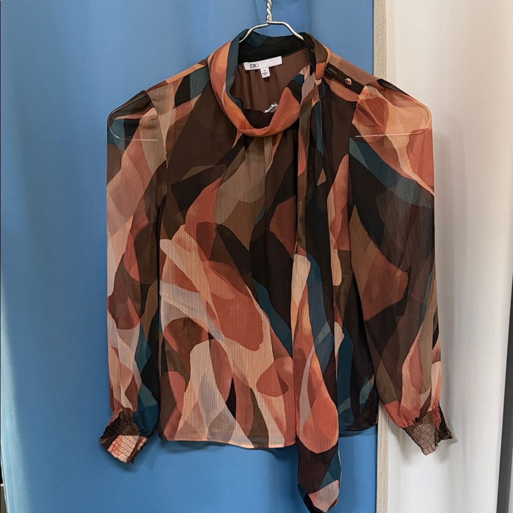 DR2 Sheer Abstract Tie-Neck Blouse in Brown, Rust and Teal